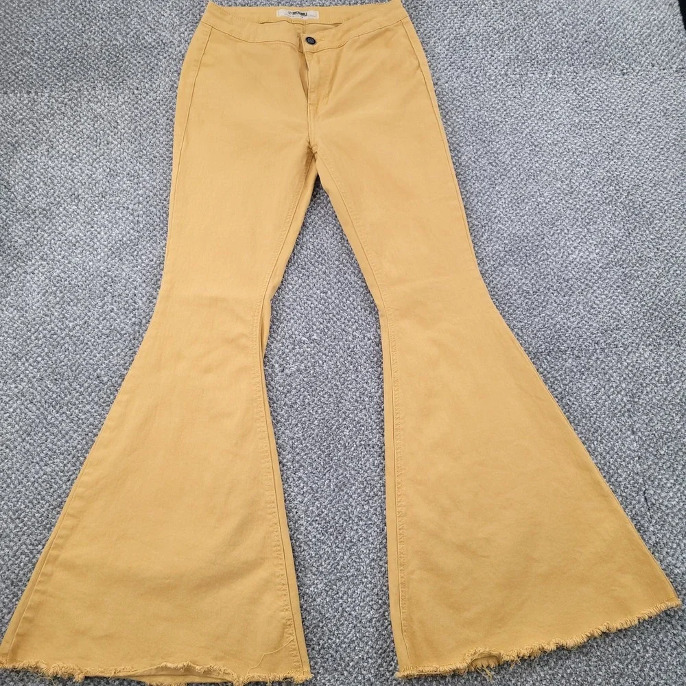 Rock & Roll Denim Mustard Yellow Bargain Button Bell Flare Jeans 29x34 Raw Hem